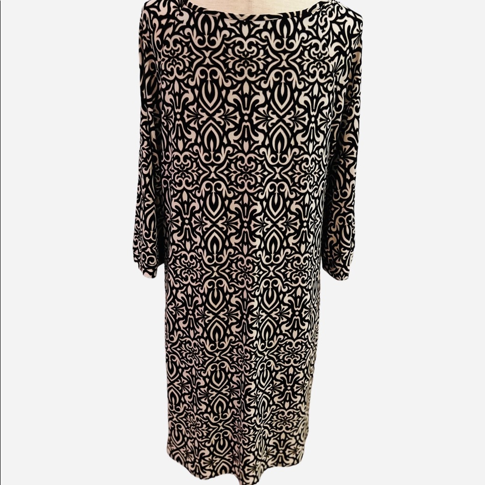 Laundry Shelli Segal Dress Black &White keyhole neck Scroll Pattern Black Lining - Picture 6 of 12
